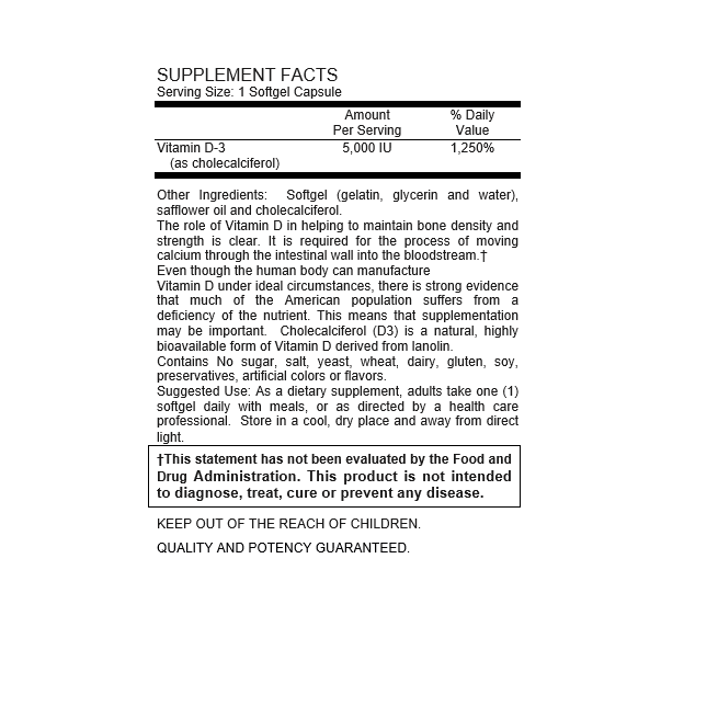 High Potency Vitamin D3 5000 IU 100 Soft Gels